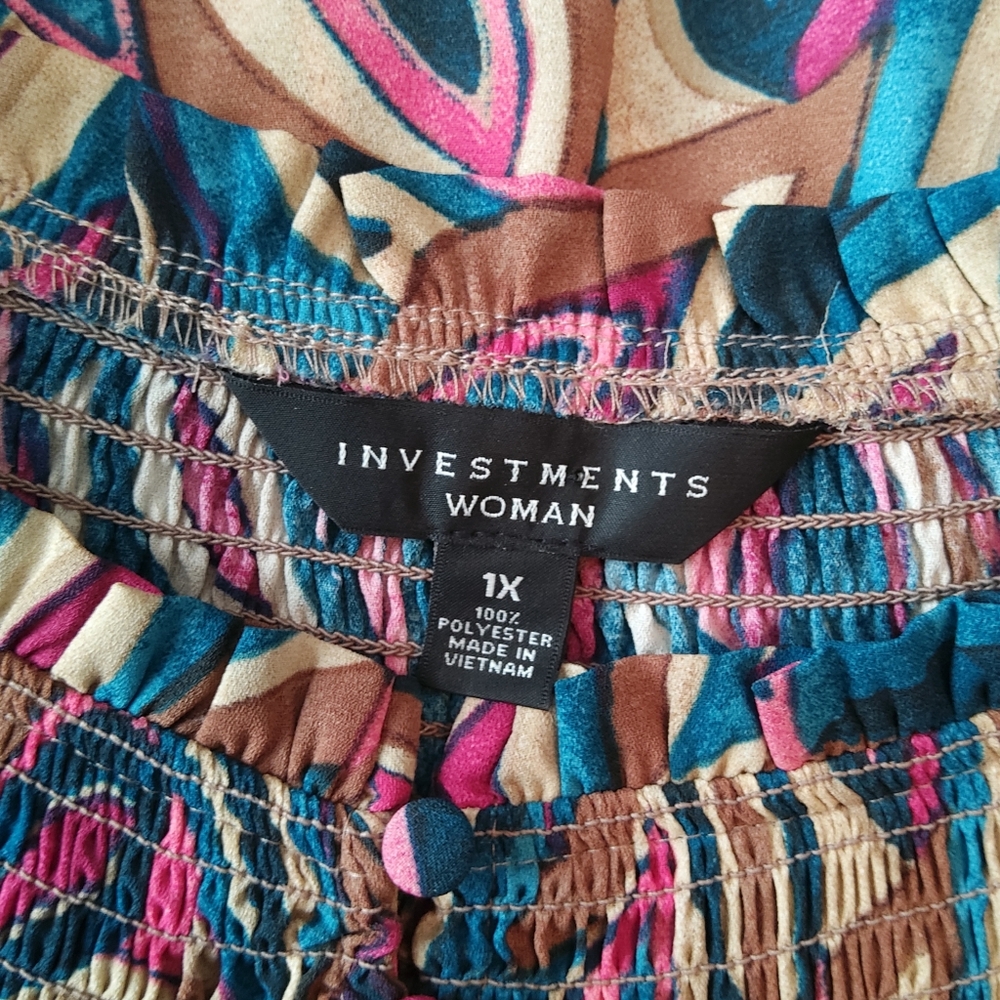 Investments Multicolor Leaf-Print Smocked-Neck Blouse - Picture 10 of 11